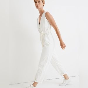 Denim Sleeveless Tie-Waist Jumpsuit in Tile White